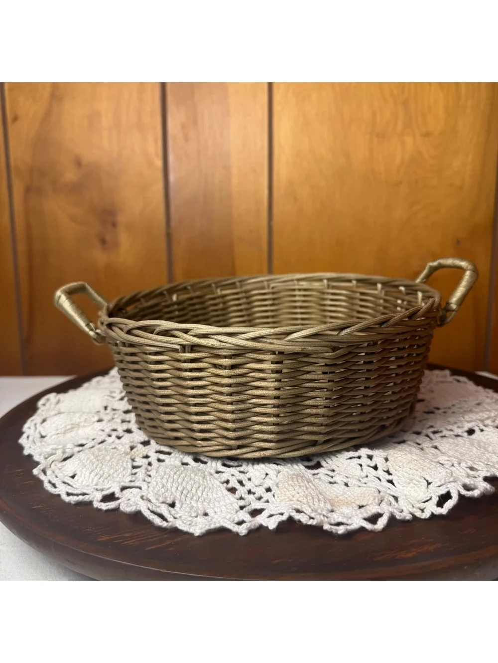Round Woven Basket With Handles Antiqued Gold Wicker Farmhouse Centerpiece